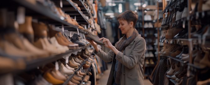 Woman examining shoes in a footwear store aisle